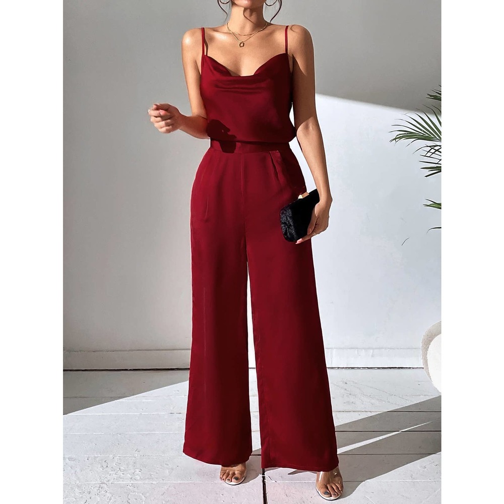 2 piece set: Draped Collar Cami Top Wide Leg Pants maroon red